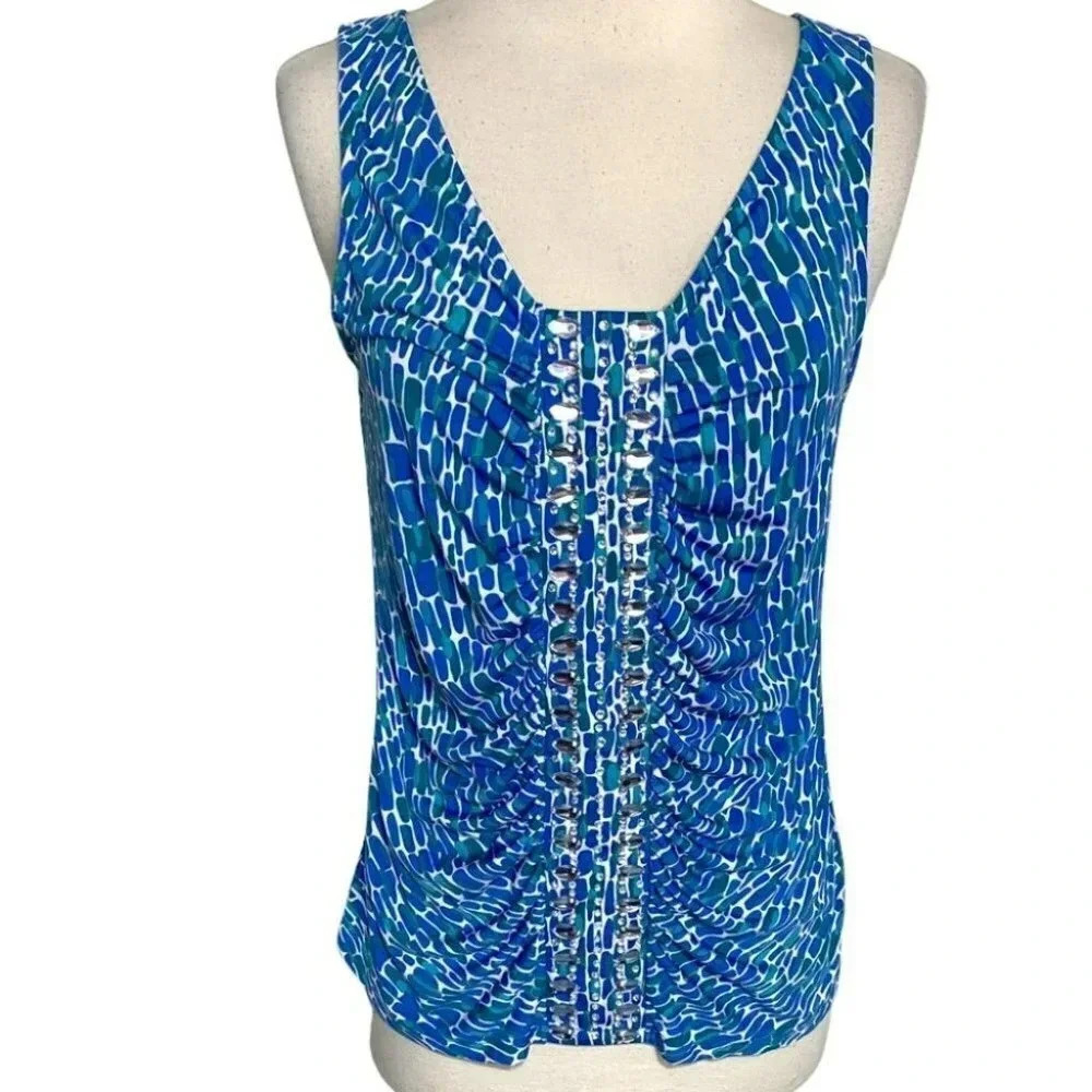 Rafaella M blue + teal print front ruched sleeveless top with rhinestones